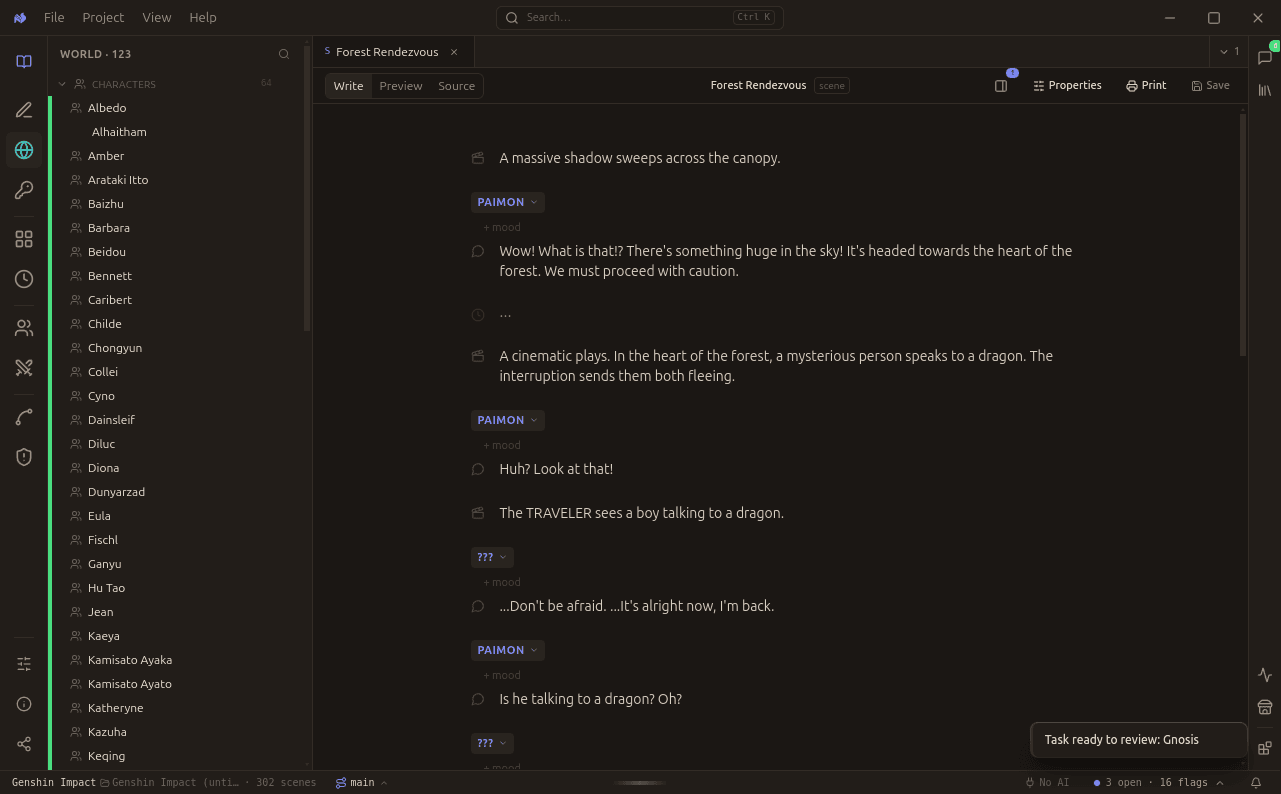 The World workspace: the page navigator grouped by kind on the left, a page open in the editor.